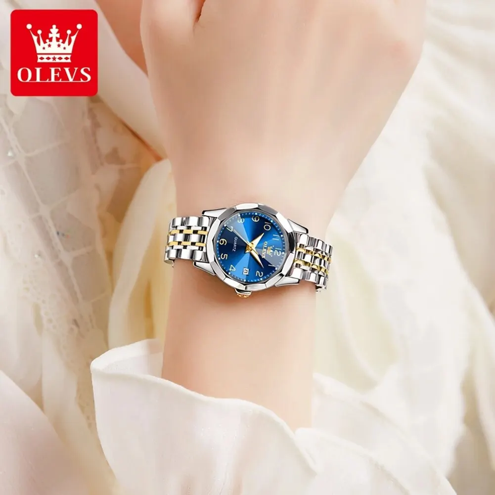 OLEVS 9970 Original Luxury Quartz Watch for Women Rhombus Mirror Digital Dial Calendar Stainless Steel Waterproof Wrist Watches