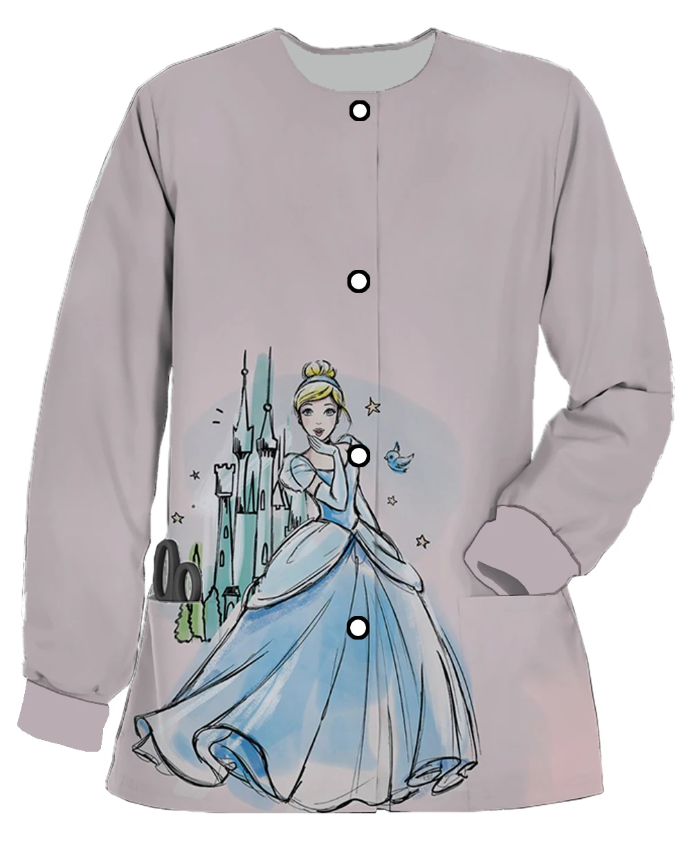 Ladies\' new work clothes, long-sleeved round-neck pocket cardigans, Disney series, Cinderella printed women\'s jackets