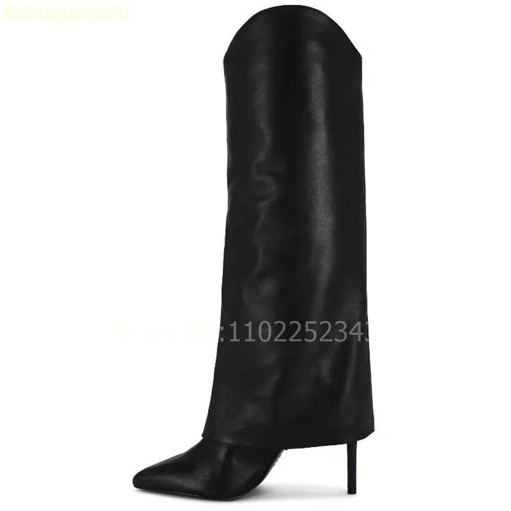 جلد أسود أحذية عالية في الركبة تحول على حافة كعب رقيق أشار تو أحذية الموضة 2025 شتاء بسيط أحذية عالية الكعب غير رسمية #1