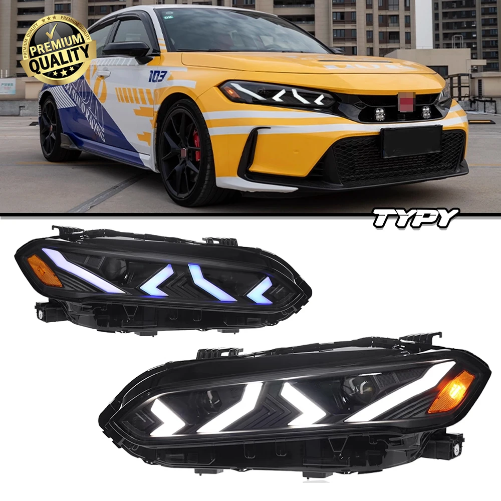 TYPY Car Lights LED Headlight Assembly For Honda Civic 11th Gen 2022-2023 Start-up Dynamic Turn Signal 4-Lens Head Lamps, 1Set