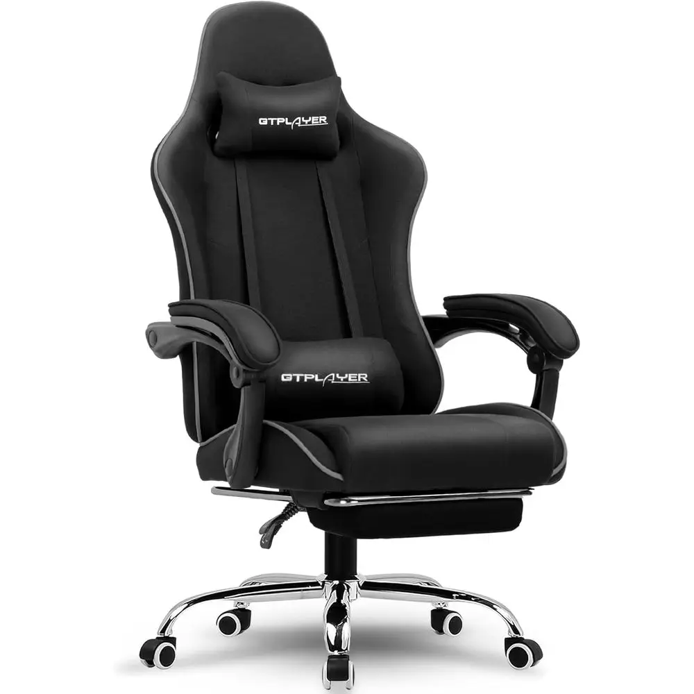Height-Adjustable Gaming Chair with Lumbar Support, 360° Swivel, and Ottoman (Aux Leather, Black)