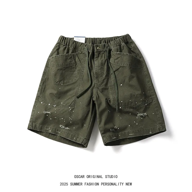 American Retro Trendy Heavy-duty Cargo Shorts Large Painted Pockets for Men Summer Loose-fit 100% Cotton Ripped Casual Shorts