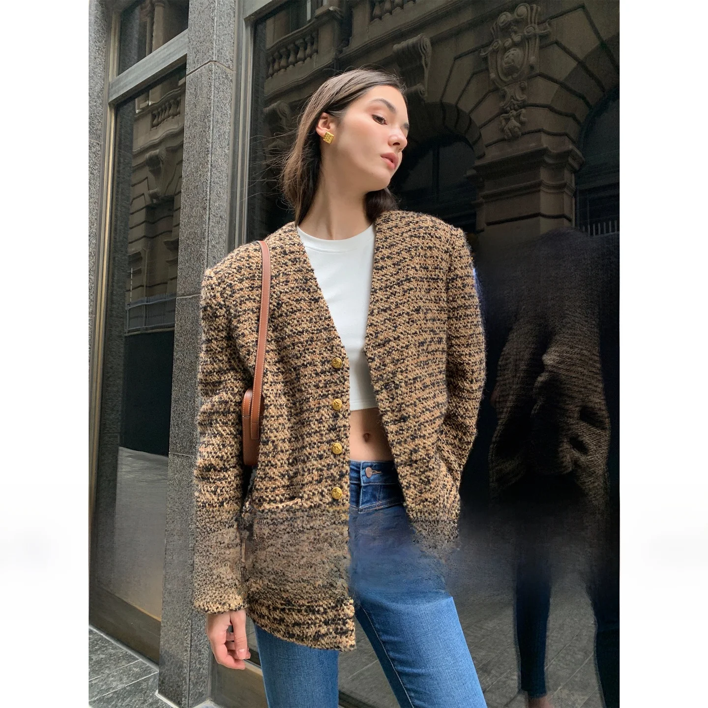 

eGuYue 90s Sle Woolen Coat Women's Ele Perfume Wind Jaet Button Detail V-Ne Long Sve Winter Commute Faion