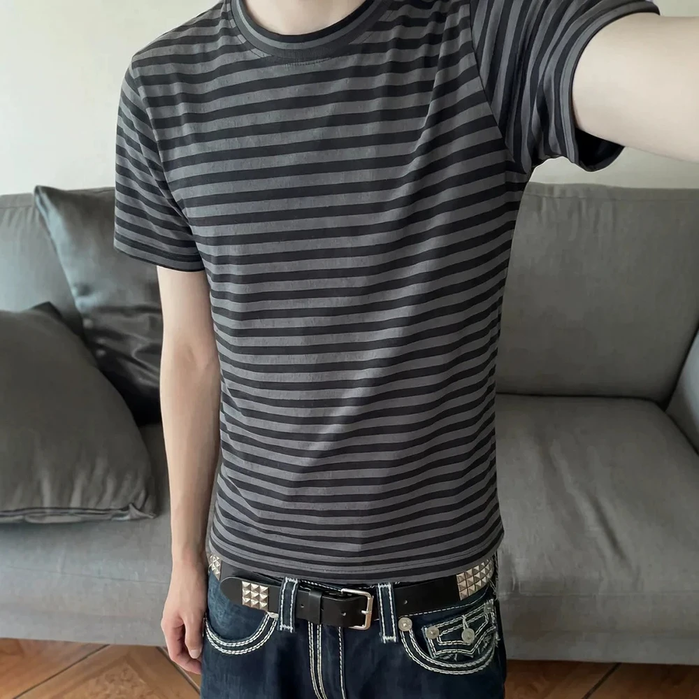 Autumn Winter New Arrival Ladies Crew Neck Short Sleeve Tee Vintage Y2K Black Grey Striped Slim Cropped T Shirt