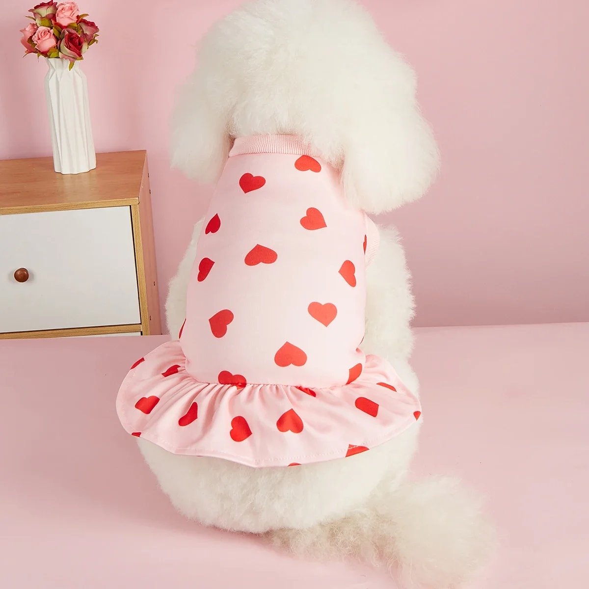 Dog Sweatershirt Dress Valentines Day Dog Clothes Pullover Casual Style Comfortable Pink Heart Pattern Holiday Girl Tulle Skirt