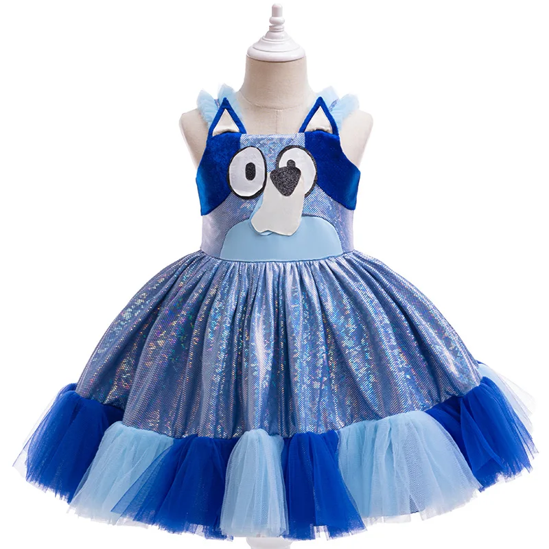 80-130cm New Bluey Princess Dress Cosplay Costume Halloween Costumes Blue Dress Mesh Princess Birthday Party Evening Dress Gift