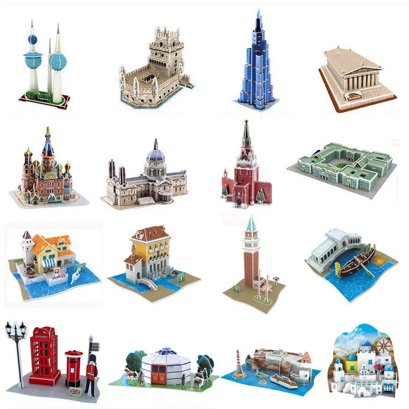 

Kids' DIY 3D Puzzle - World Famous Architecture Model Set, Including Italian, Greek & Yurt Structures, Educational Plug-