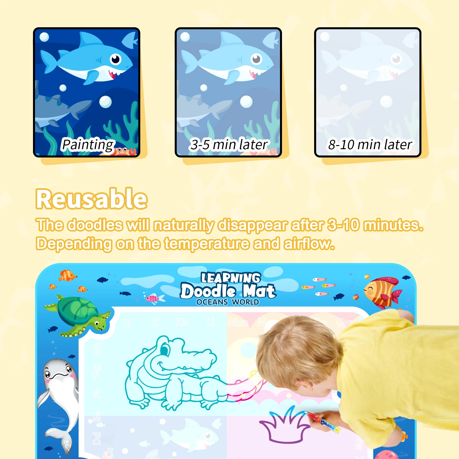 재사용 가능한 매직 펜 포함 색칠 낙서 매직 워터 드로잉 매트, 교육용 페인팅 보드, 어린이용 몬테소리 장난감, 100x80cm