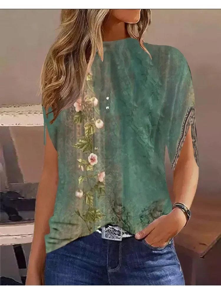 Damesmode Ronde Hals Normaal Digitaal Bedrukt Shirt Top Dames Elegant Slim Fit Semi Hoge Hals Gedrukt Chiffon Shirt Top