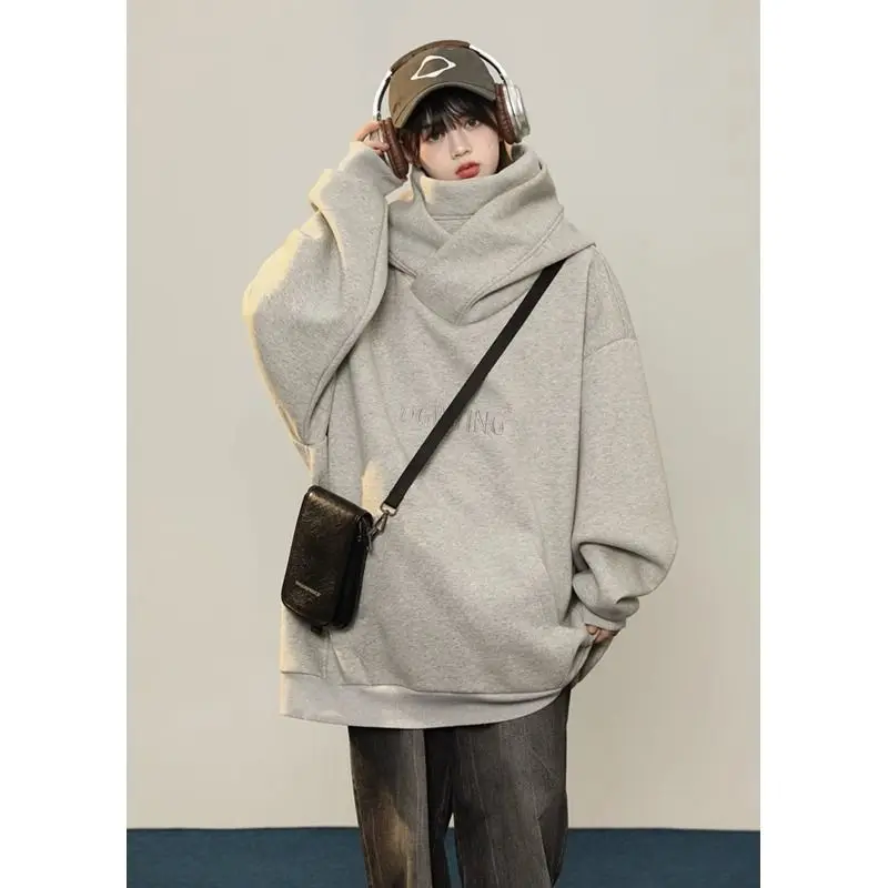 

Мужская толстовка большого размера с капюшоном и высоким воротником, модный свободный топ в американском стиле для пар, осенне-зимняя уличная одежда