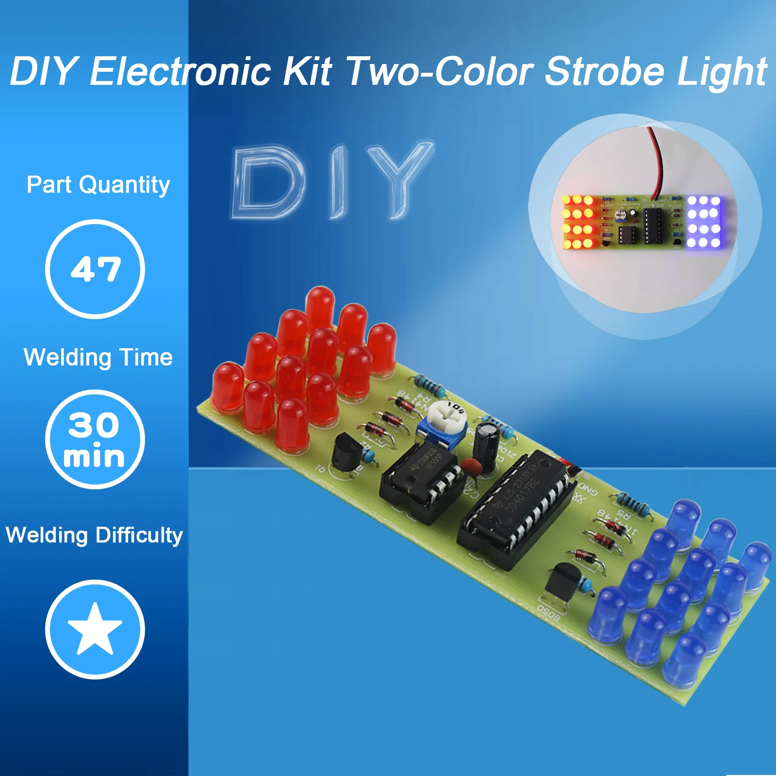 NE555 + CD4017 Kit de lumières électroniques LED, rouge, bleu, touristes, document, stroboscope, lumières clignotantes trempées, composants de bricolage