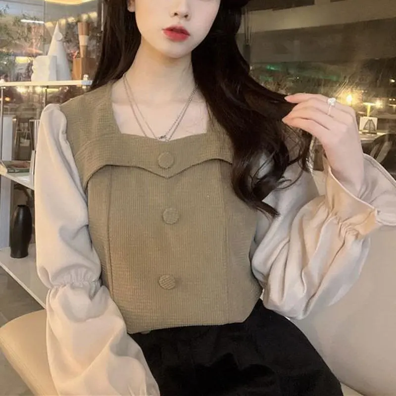 Vintage Elegant Square Collar Blouse Spring Autumn Long Sleeve Female Clothing Basic Stylish Button Patchwork Loose Korean Shirt