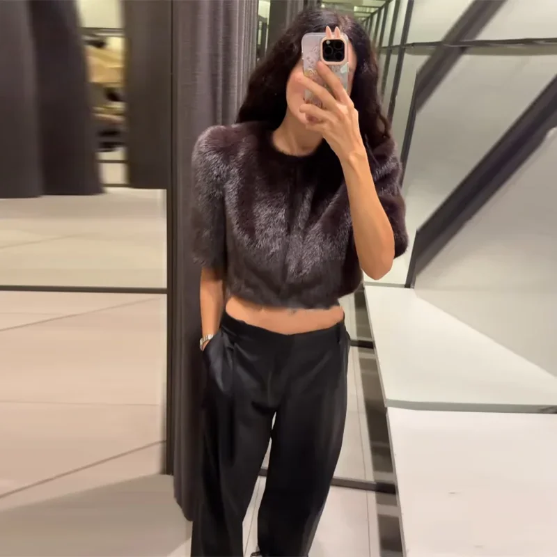 Luxury Solid High Waist Faux Fur Coat Women Elegant Half Sleeve Round Neck Regular Shoulder Thicken Jacket New Female Party Wear