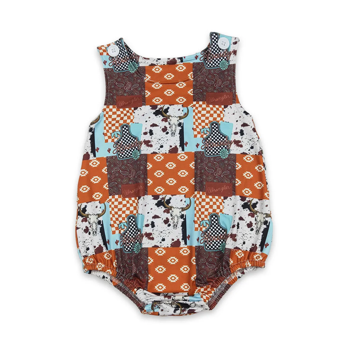 Newborn Baby Boy Bubbles Sleeveless Aztec Bull Skulls Plaid Western Kids Toddler Buttons up Romper Jumpsuit Onesies Wholesale