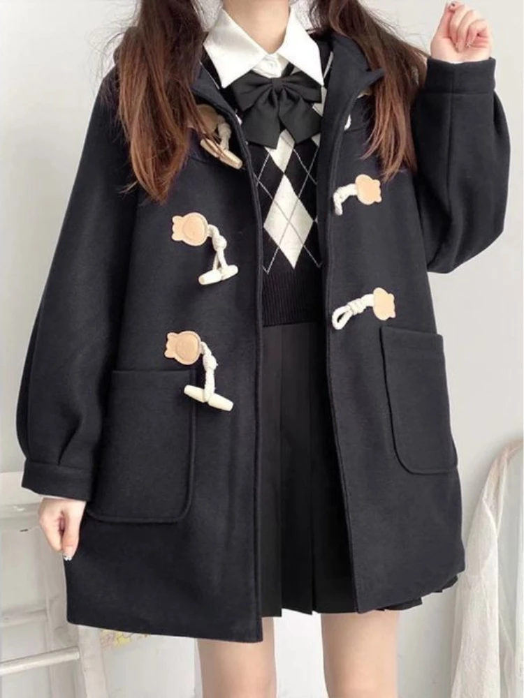 

2025 женское зимнее пальто маленького стиля, утолщенное шерстяное пальто средней длины в студенческом стиле с капюшоном и пуговицами