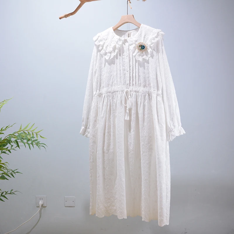 Spring Autumn Japanese Style Mori Sweet girl solid Cotton Embroidered Dress Women Long Sleeve Midi Dress