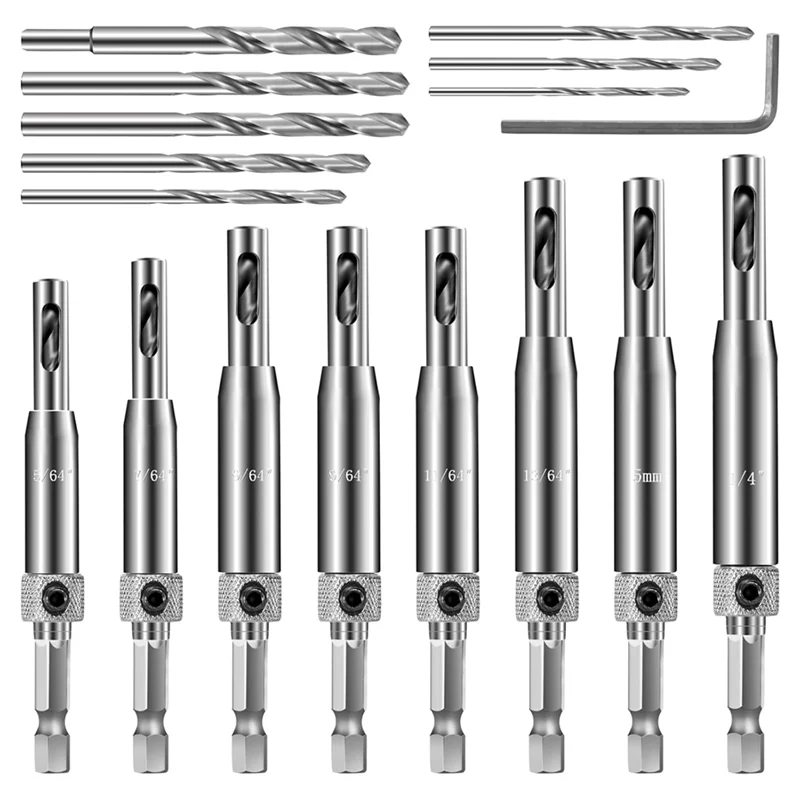 

BAAR-Self Centering Drill Bit Set 17PCS- For Hinges, 1/4" Hex Shank Vix Bits Ideal For Woodworking Doors Projects