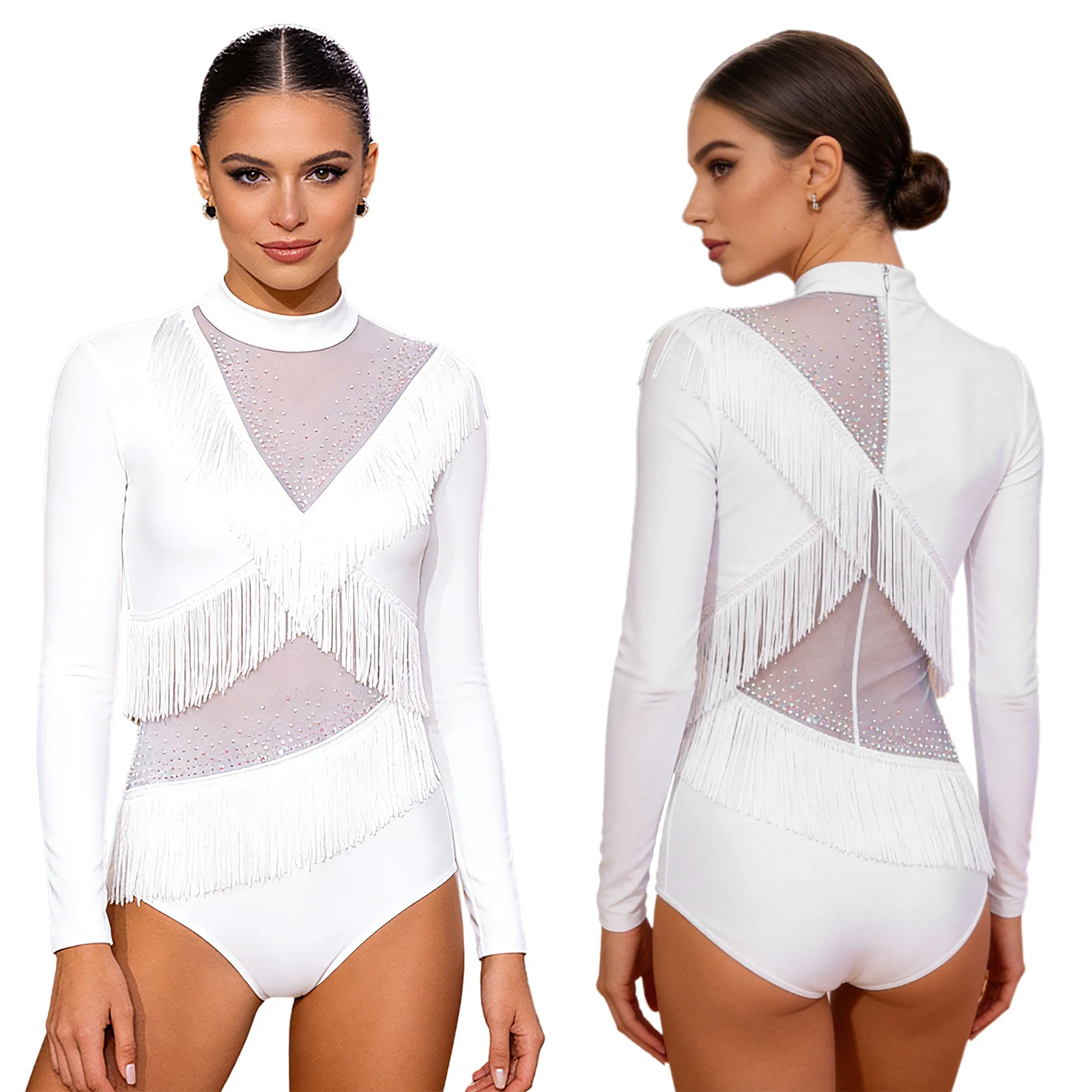 

Женский танцевальный купальник для латиноамериканских танцев (ча-ча-ча, танго) с длинными рукавами, многоярусными бахромами и кнопками на пройме, для выступлений