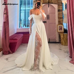 Lakshmigown Off The Shoulder Pleat Satin Wedding Dresses Customized Long Sleeves A-Line Bridal Gowns Sweep Train Bridal Dresses