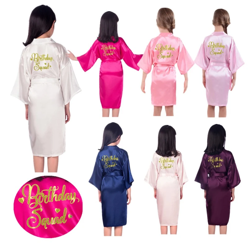 Wholesale Birthday Squad Gold Glitter Girl Robes Children Satin kimono Solid Color Kids Sleepwear for Birthday Spa Party D62