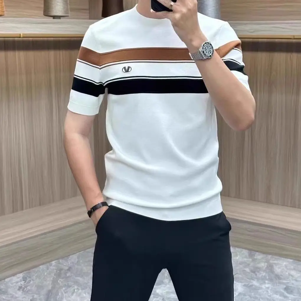Now High Street Comfortable Casual T-Shirts Business Fashion All-match Round Neck Contrast Color Striped Men Loose Thermal Tops