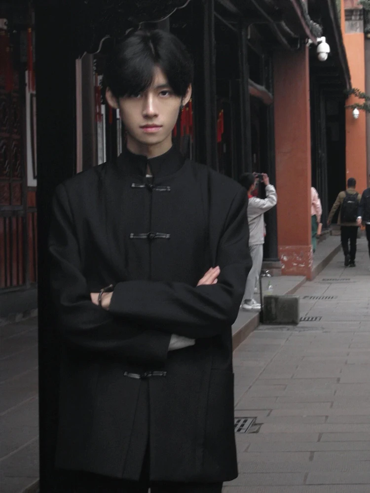 

New Chinese Sle Men's irt Jaet Wedding Clothes Button Stand Collar Long Sve Stand Fit Outerwear Pure Color Spring