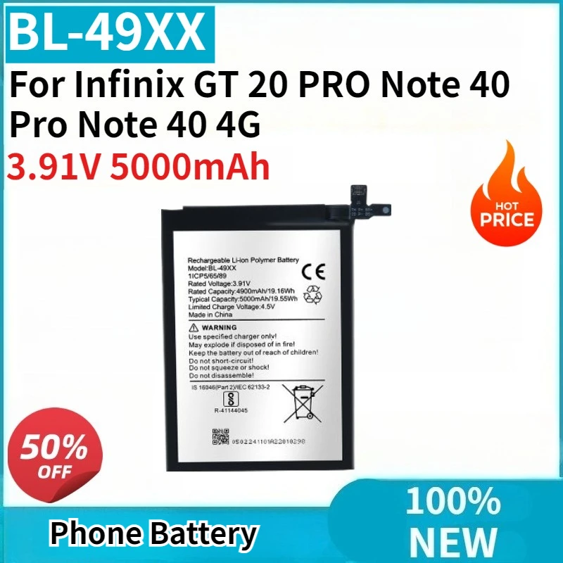 100% New Replaceable Battery BL-49XX 3.91V 5000mAh For Infinix GT 20 PRO Note 40 Pro Note 40 4G Mobile Phone Batteries Bateria