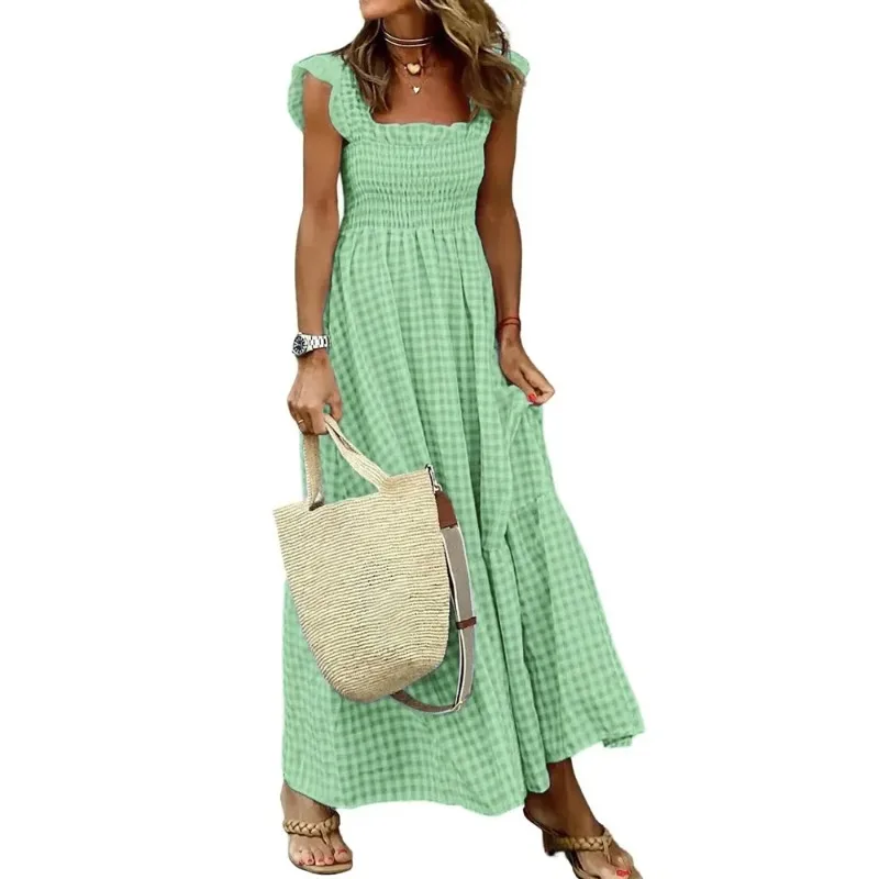 Elegante abito lungo maxi scozzese da donna estivo senza spalline con volant senza schienale pieghettato elastico in vita Boho Party Swing abiti larghi