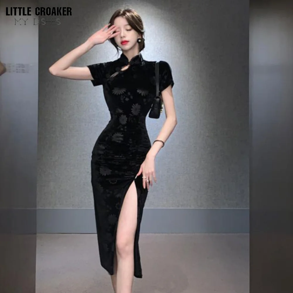 French Spicy Girl's Temperament Sexy Appearance Retro Street Etching Pure Lust Style Qipao Small Figure Slim Fit Dress Trend