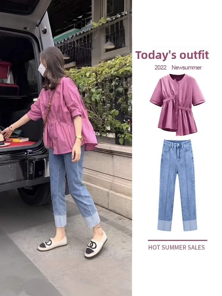 

Summer plus Size Women's Fashion Set Conceal Meat Lightweight Mature Salt System Clothing Short Sleeve round Neck Button PU