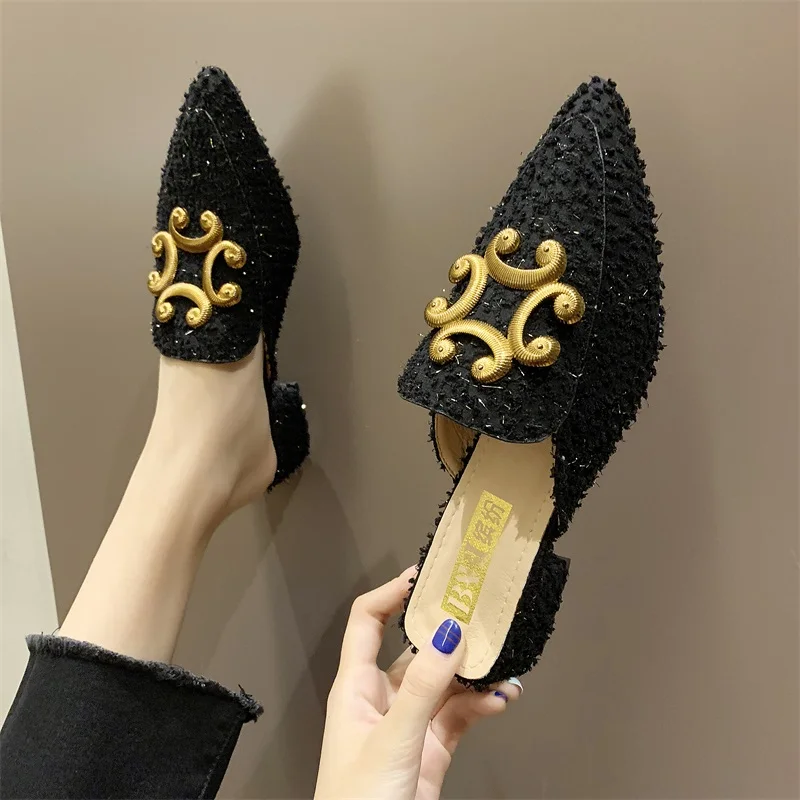 Miaoguan New Winter Clear Ladies Slippers Faux Fur Mules Slides Women Shoes Bow Knot Pointed Toe Square Mid Heels Shoe Woman 39