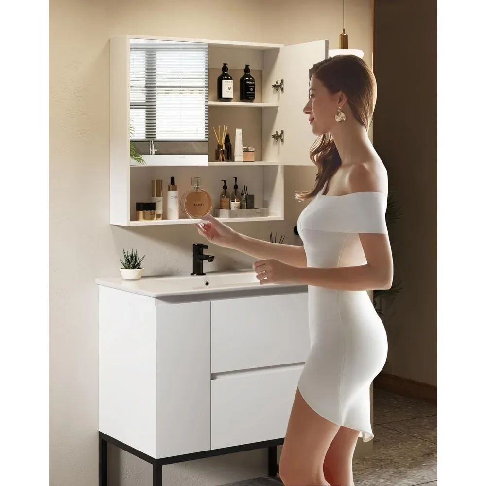 Floor Bathroom Vanity with Mirror Cabinet & Top Sink Combo Set, Modern Bath Room Storage and Makeup Solution