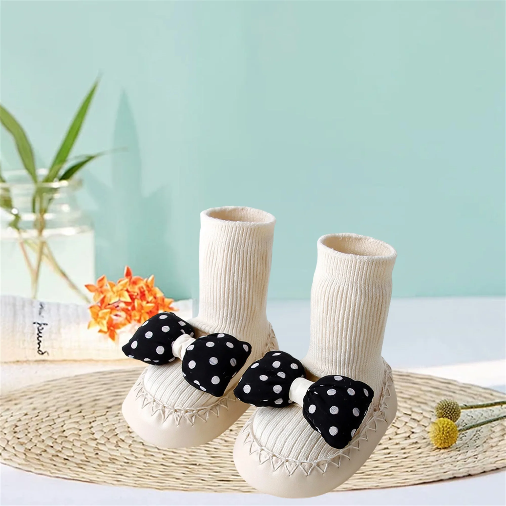 

Toddler Girl Polka Dot Print Bow Slip-On Shoes with Non-Slip Sole and Cute Bootie Design for First Steps and Walking