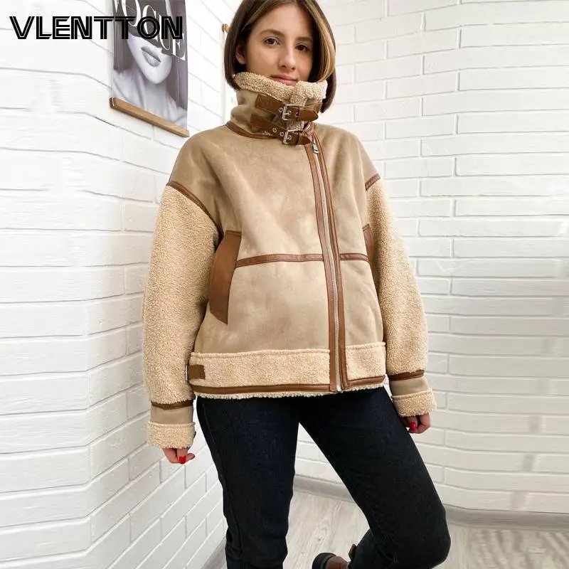 2024 Women Thick Vintage Splice Suede Jacket Coat Loose Warm Lambswool Biker Outwear Female Oversize Faux Leather Overcoat