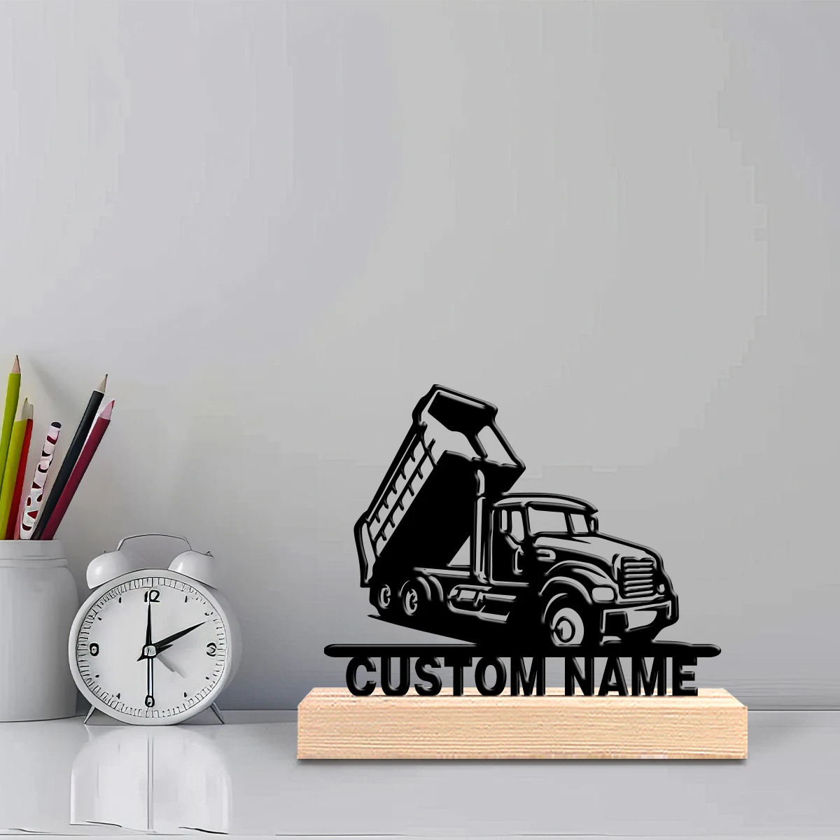 A customized abstract art piece Dump truck Abstract wrought iron wooden base desktop artwork Suitable for offices, bedrooms, li