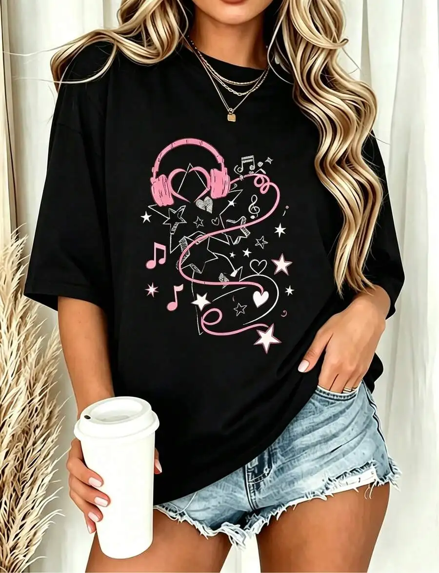 Women Casual Oversized Short Sleeve T Shirt Music Headphone Print Summer Daily Streetwear Leisure Wear Trendy Summer Outfit Top
