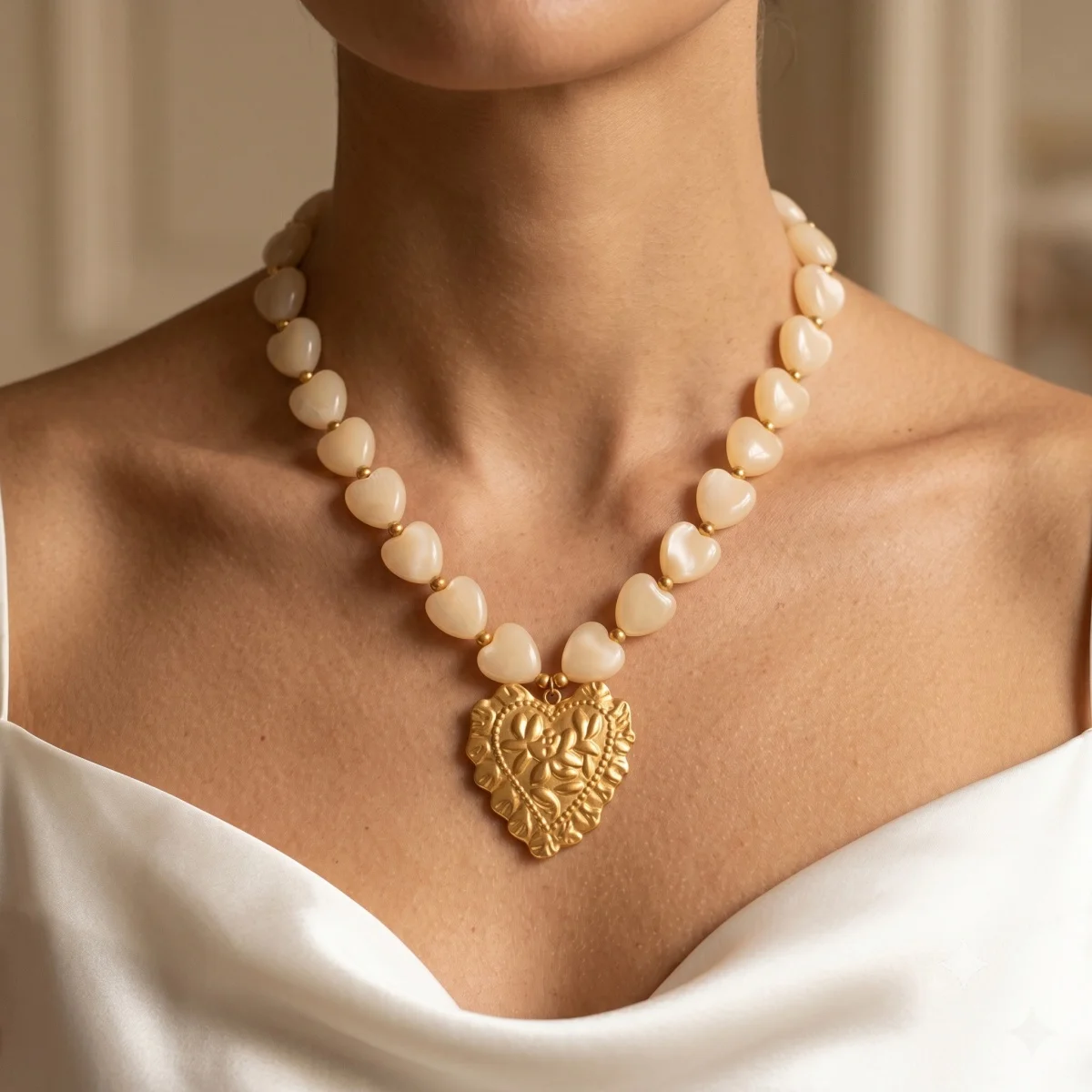 Vintage Heart Beaded Necklace With Cameo Heart Gold Color Pendant Imitation Pearl Choker For Women Bridal & Date Nights Wear
