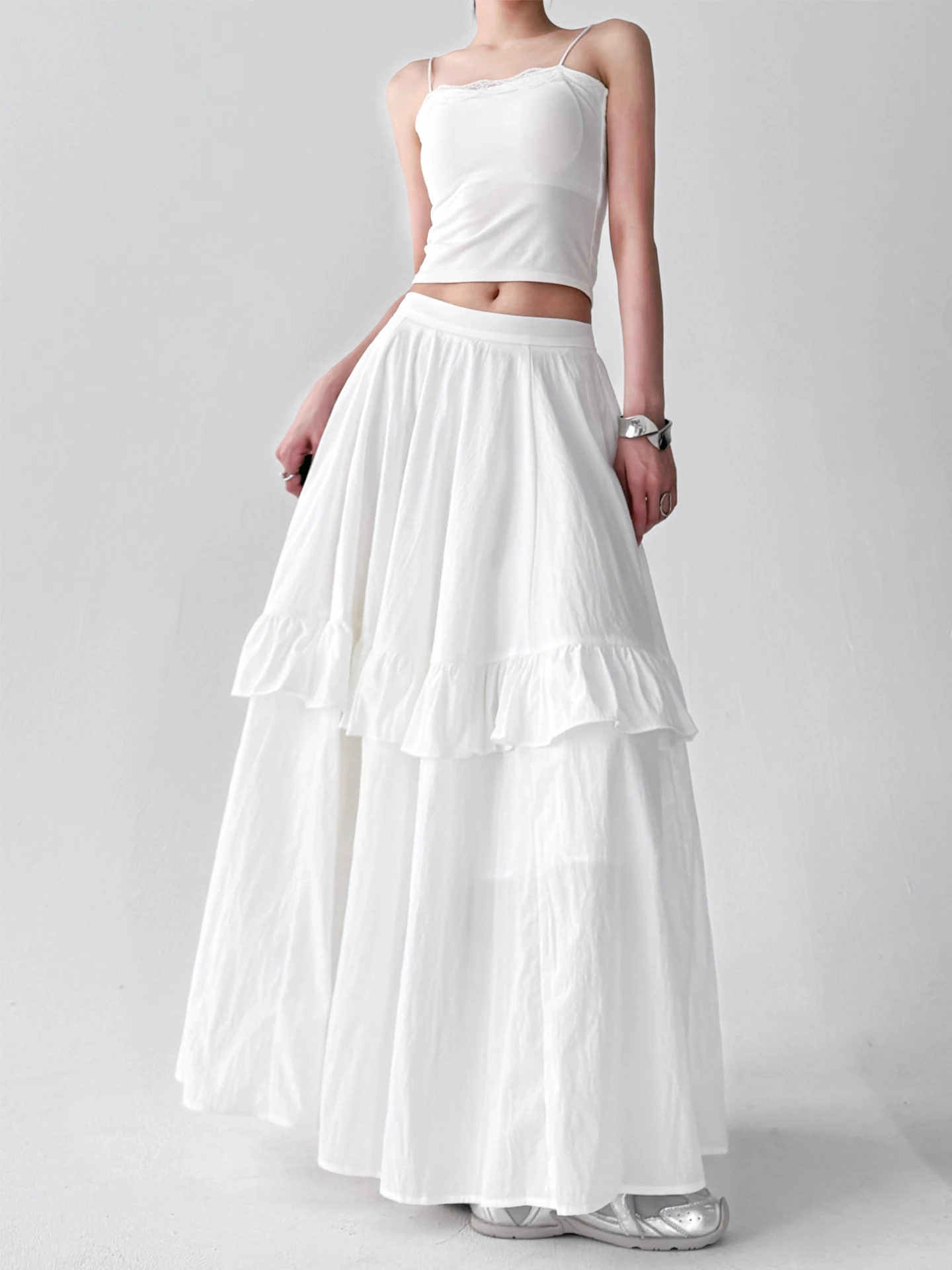 2025年夏新作 レディース ホワイト ハイウエスト スリム カジュアル ルーズ ロングスカート ケーキスカート 通勤 旅行 レジャー 学校