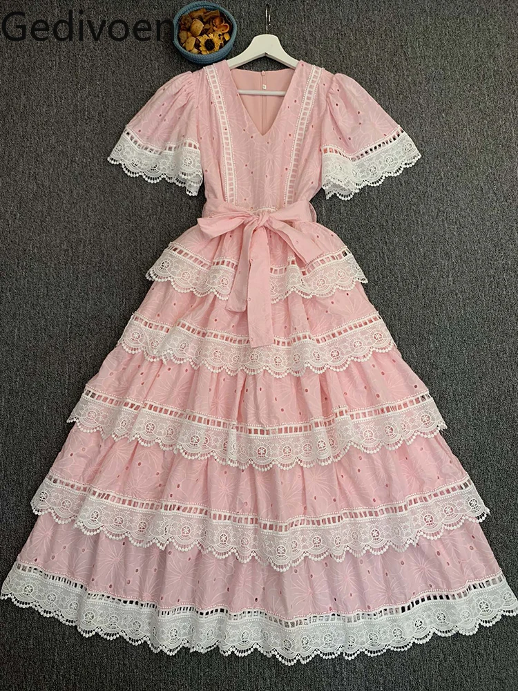 Gedivoen-Vestido elegante de princesa feminino, babados em cascata, recorte com renda, vestidos longos, novo designer de moda, verão