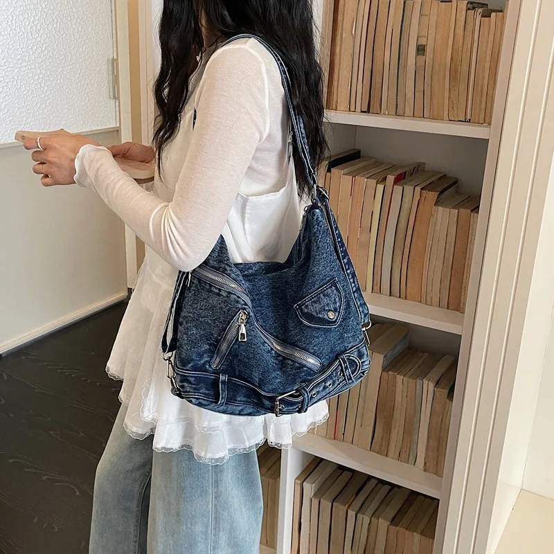 Korean Style Women Denim Backpack Multi Functional Fashion Heavy Duty Belt Buckle Shoulder Bag Large Capacity Student Backpack