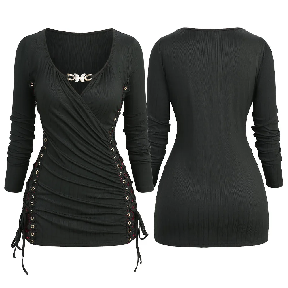 

ROSEGAL плюс размер Surplice с пряжкой-бабочкой и длинными рукавами, топ 2022, осенний повседневный костюм, футболки в сеточку с черепом и рюшами по бокам