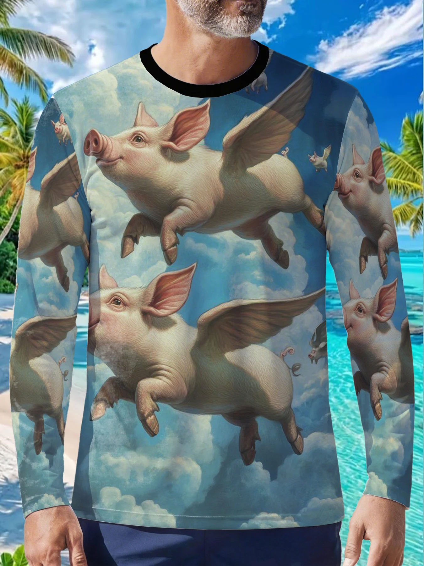 Funny Flying Pig Animal Cloud Art Mens Polyester Long Sleeve T Shirt Cute Whimsical Piggy Print Graphic Tee Casual Streetwear Vi