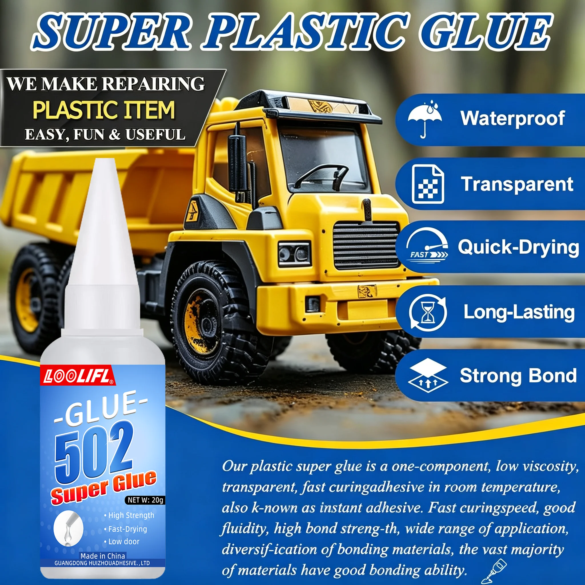 Loolifl 502 Strong Adhesive, 20G/Bottle, Instant-Drying Cyanoacrylate Adhesive, Fast-Drying and High-Viscosity, Suitable for Plastic Toy Repair, DIY Crafts, Metal, Rubber, Wood, Ceramics, Multi-Purpose Liquid Glue view 4