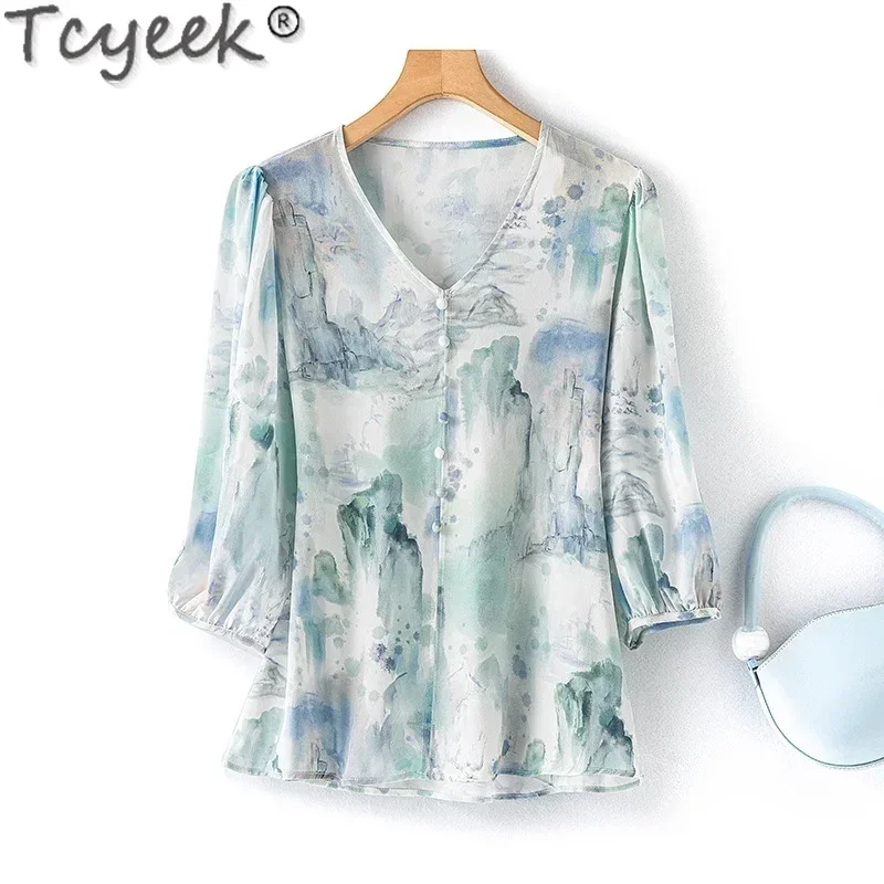 Tcyeek 100% Mulberry Silk Shirt Women 2024 Eleganckie bluzki damskie Letnie koszule z dekoltem w szpic Damskie topy z nadrukiem Топ Женский