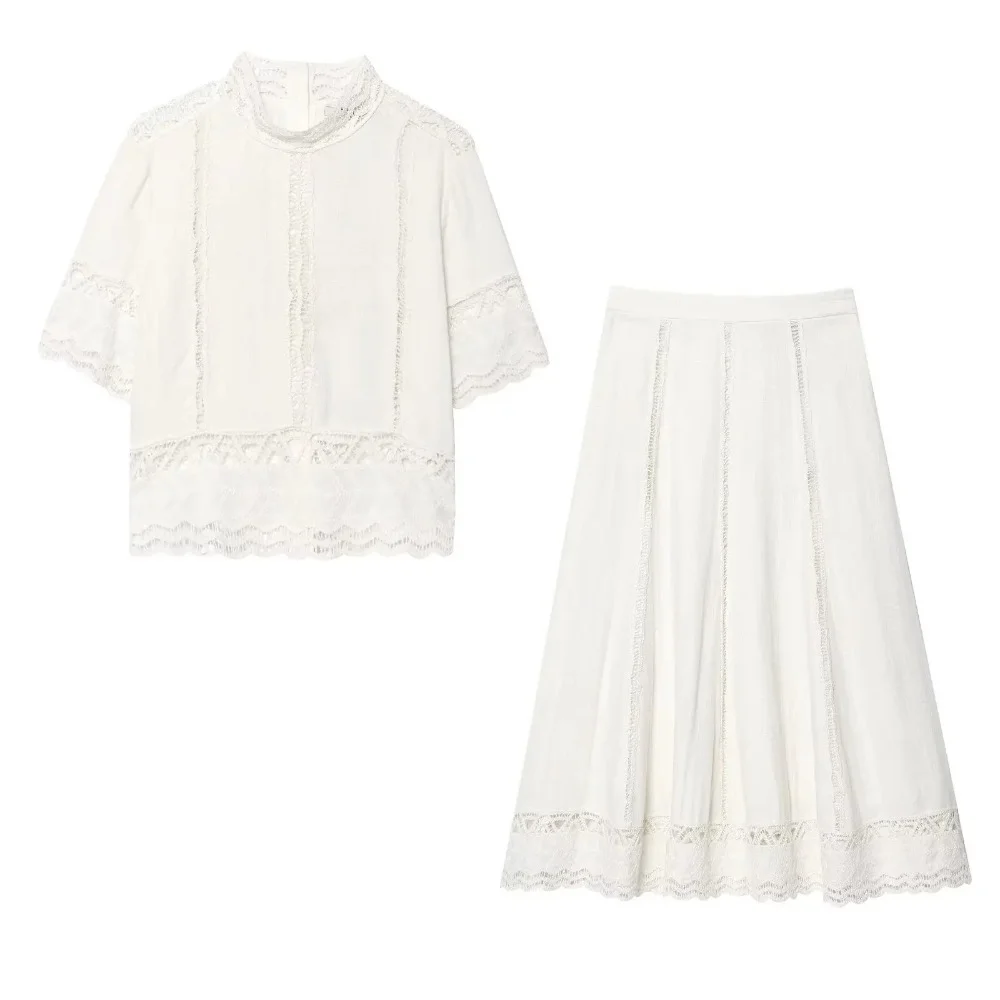 

KONDALA Женский элегантный комплект с юбкой в стиле бохо Белый кружевной топ с короткими рукавами Юбка-миди 2025 Новая мода Лето-Осенний праздничный комплект с юбкой для свиданий