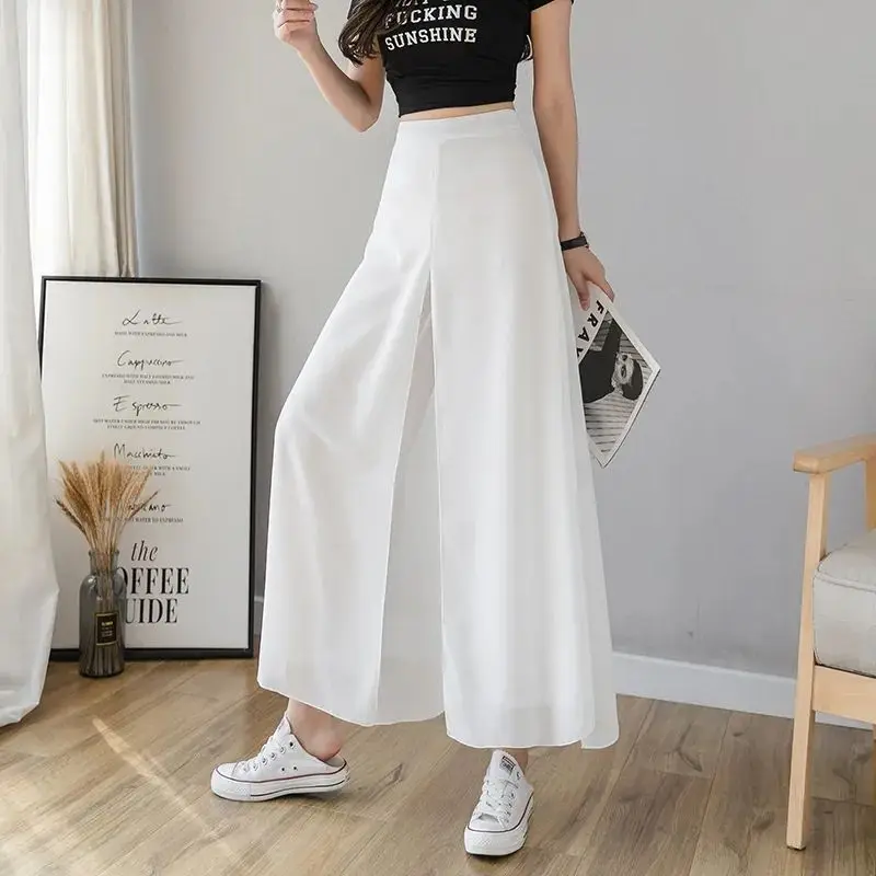 Fashion Spliced Chiffon Fake Two Pieces Wide Leg Pants Female Clothing Summer New Loose Casual Elastic High Waist Pants