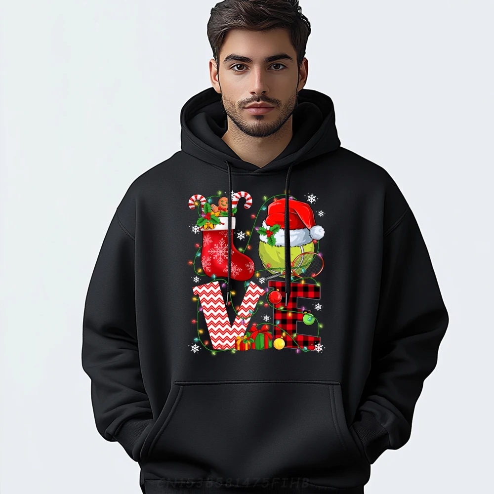 

Funny Love Tennis Ball Santa Hat Christmas Lights Xmas PJS Fashion Hoodies Men Student Graphic Sweatshirts Printing