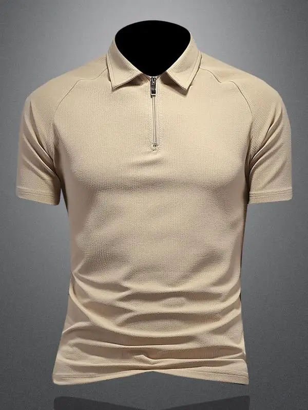 

Летняя тонкая футболка из пузырчатой ткани с коротким рукавом на молнии, мужская повседневная футболка из ледяного шелка, приталенная, с отложным воротником