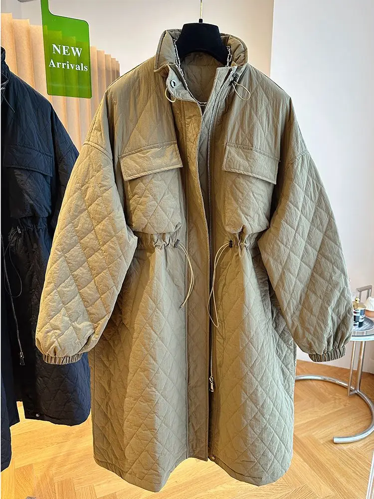 

Womens 2024 New European Style Loose Fit Drawstring Waist Quilted Cotton Jacket Mid Length Thick Winter Padded Coat Outerwear
