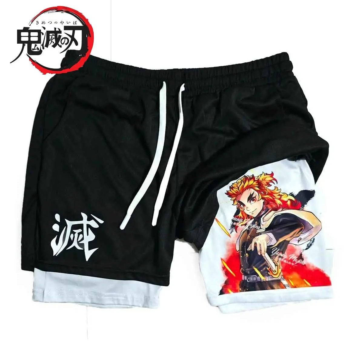 

Demon Slayer аниме модная повседневная двухслойная компрессионная одежда с принтом 2-1 и карманами, летняя быстросохнущая спортивная одежда